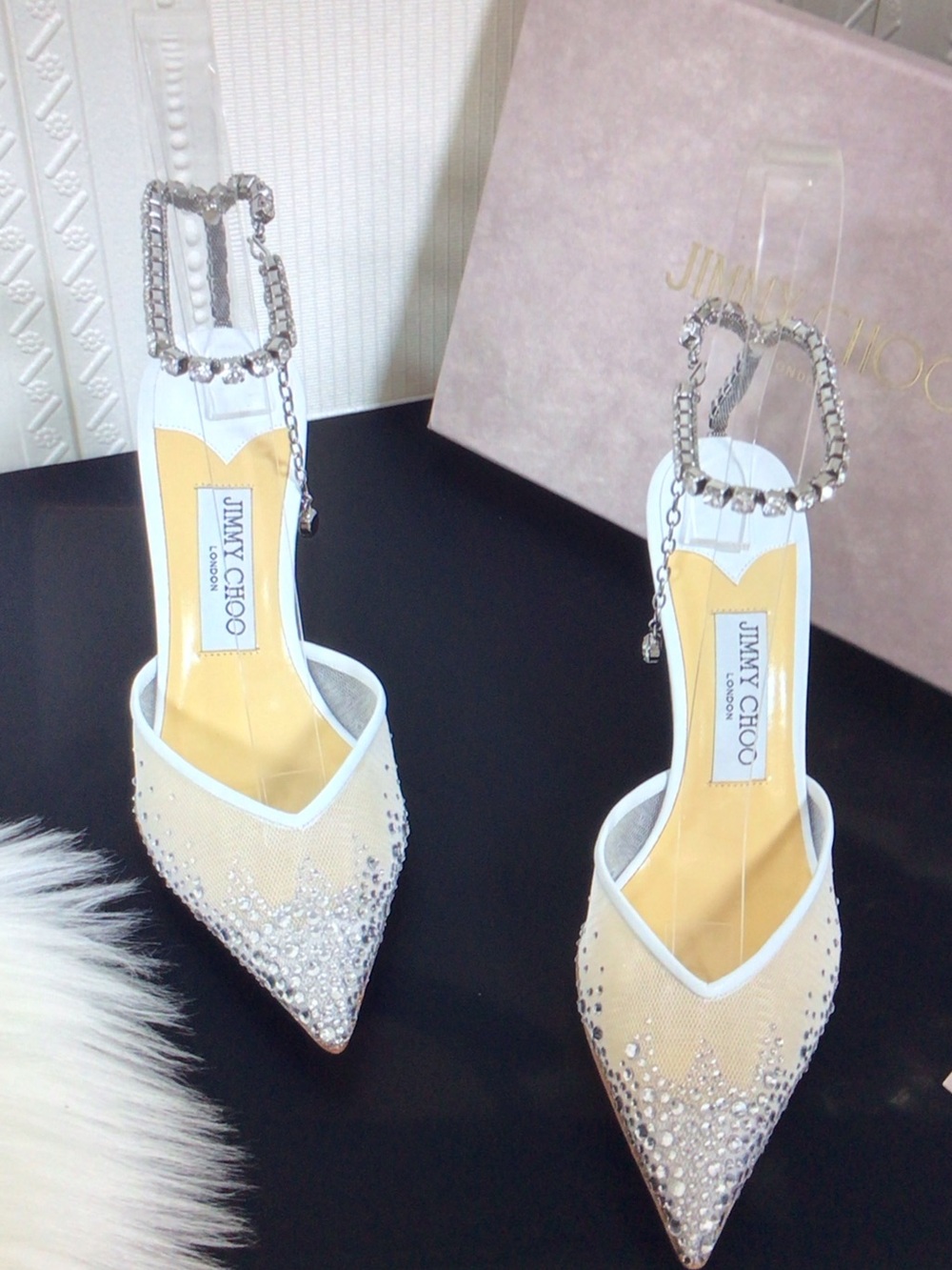 Jimmy Choo Ivory Crystal Pointed Toe Ankle-Strap Pumps